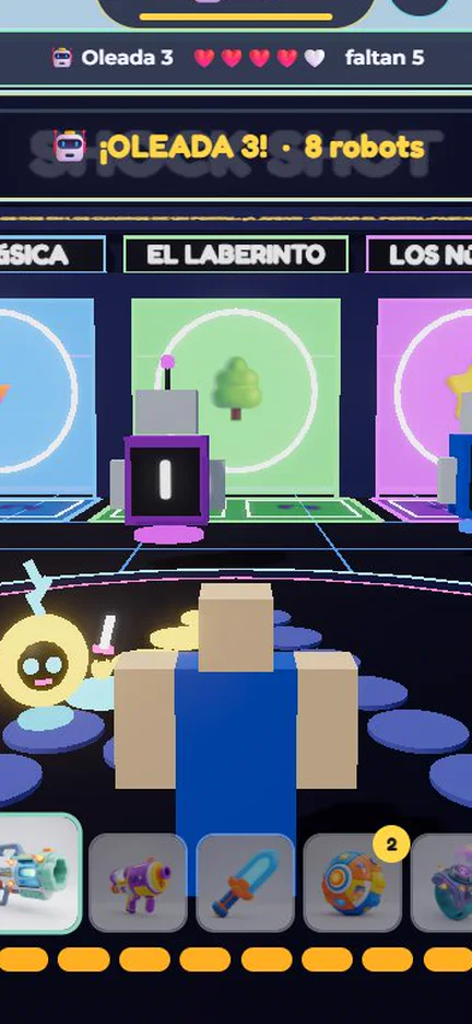 Vista del juego SHOCK SHOT: lobby de neón con robots de letras