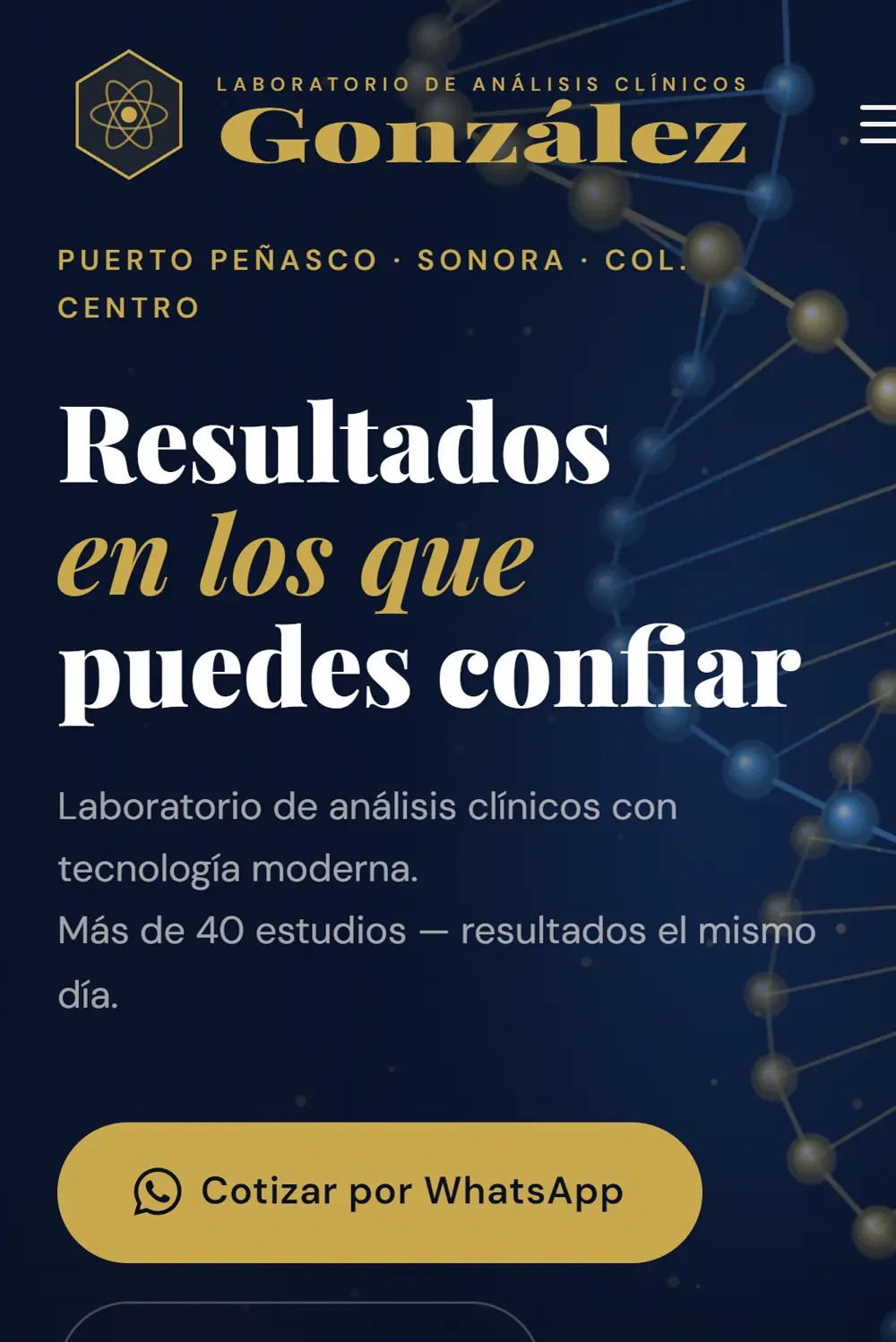 Página web del Laboratorio González, con botón para cotizar por WhatsApp