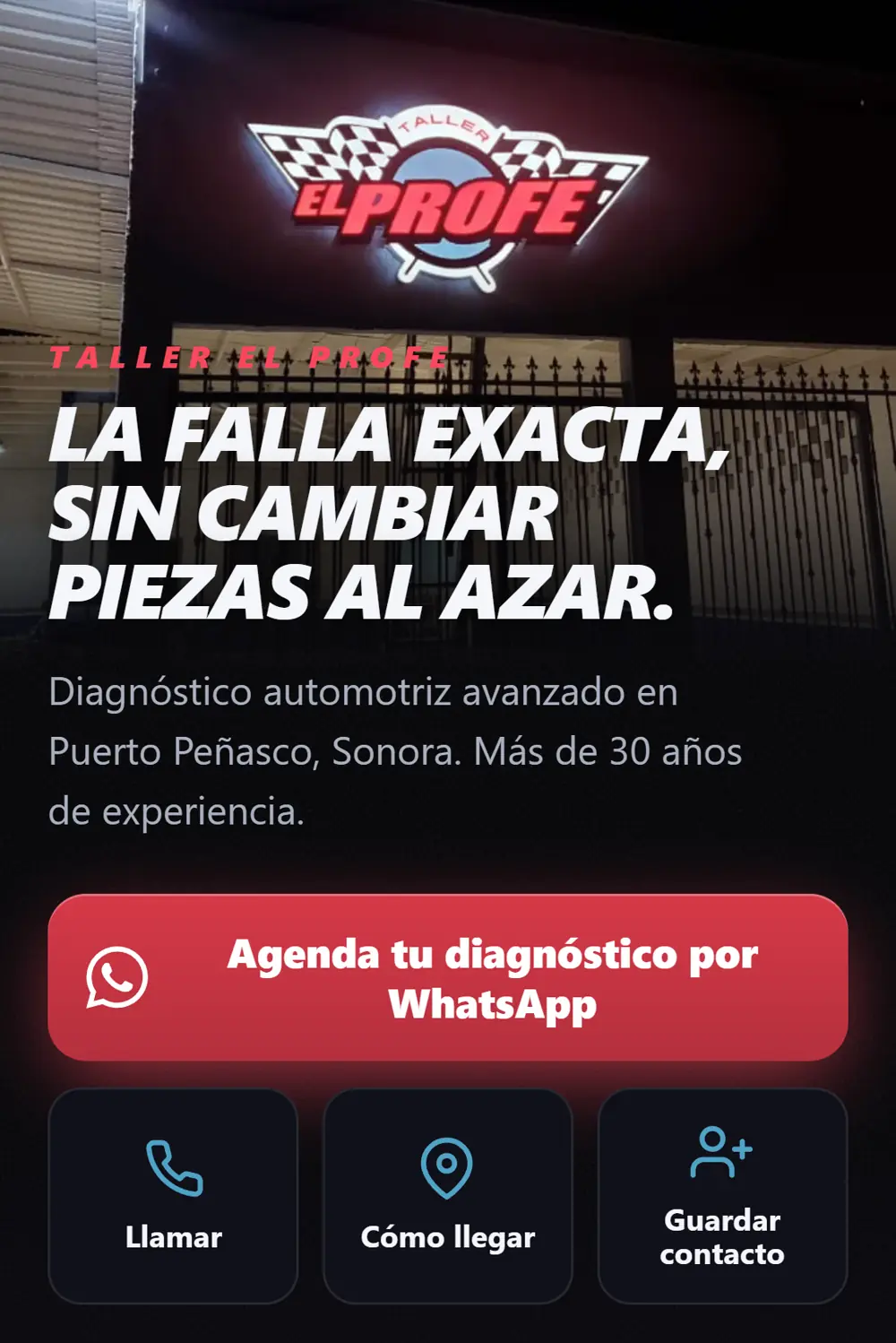 Tarjeta de presentación digital del Taller El Profe, con botones de WhatsApp, cómo llegar y guardar contacto